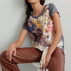 ANTHROPOLOGIE TINY Short Sleeve Jodi Floral Front Tie Blouse Gray Women’s Small